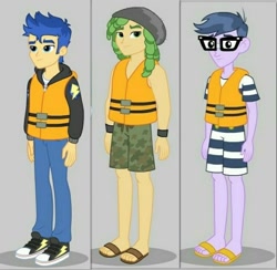 Size: 694x676 | Tagged: safe, flash sentry, microchips, sandalwood, better together, equestria girls, spring breakdown, arms, clothes, converse, feet, glasses, leak, legs, lifejacket, male, male feet, sandals, shoes, shorts, smiling, sneakers