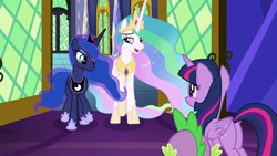 Size: 1920x1080 | Tagged: safe, screencap, princess celestia, princess luna, spike, twilight sparkle, twilight sparkle (alicorn), alicorn, dragon, pony, between dark and dawn, twilight's castle, winged spike