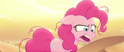 Size: 1920x804 | Tagged: safe, screencap, pinkie pie, earth pony, pony, my little pony: the movie, bone dry desert, coughing, desert, faic, messy mane, reaction image, solo