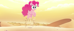 Size: 1920x804 | Tagged: safe, screencap, pinkie pie, earth pony, pony, my little pony: the movie, bone dry desert, bouncing, desert, dust, dust cloud, excited, happy, pronking, sand