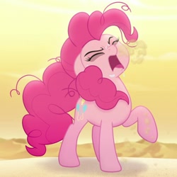 Size: 678x678 | Tagged: safe, screencap, pinkie pie, earth pony, pony, my little pony: the movie, bone dry desert, coughing, cropped, eyes closed, raised hoof, solo