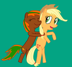 Size: 2652x2472 | Tagged: safe, artist:sb1991, applejack, oc, oc:carrot root, earth pony, pony, challenge, equestria amino, hat, hug