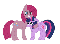 Size: 2592x1936 | Tagged: safe, artist:squipycheetah, derpibooru import, pinkie pie, twilight sparkle, twilight sparkle (alicorn), alicorn, earth pony, pony, crouching, cute, female, floppy ears, folded wings, happy, height difference, hug, lesbian, looking at you, looking up, mare, nervous, nervous grin, pinkamena diane pie, possessive, protecting, raised hoof, shipping, simple background, smiling, teeth, transparent background, twinkie, vector, wavy mouth