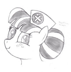 Size: 883x905 | Tagged: safe, artist:drchrisman, nurse sweetheart, pony, female, mare, monochrome, simple background, sketch, smiling, solo, traditional art, white background