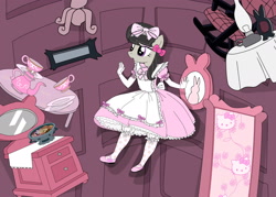 Size: 3000x2143 | Tagged: safe, artist:avchonline, octavia melody, anthro, alice in wonderland, apron, bloomers, bow, chair, clothes, cookie, dress, evening gloves, feminism, food, frilly dress, furniture, gloves, hello kitty, lace, mary janes, mirror, parachute, parachute dress, paraskirt, petticoat, pinafore, rabbit hole, ribbon, ruffles, sanrio, solo, stockings, sweet lolita, tea set, vanity