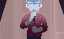 Size: 1184x720 | Tagged: safe, screencap, flash sentry, better together, cheer you on, equestria girls, clothes, discovery family logo, eyes closed, male, microphone, solo