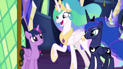 Size: 1920x1080 | Tagged: safe, screencap, princess celestia, princess luna, twilight sparkle, twilight sparkle (alicorn), alicorn, pony, between dark and dawn, twilight's castle