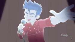 Size: 1280x720 | Tagged: safe, screencap, flash sentry, better together, cheer you on, equestria girls, clothes, fingers, male, microphone, singing, smiling, solo