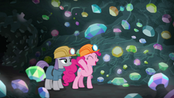 Size: 1280x720 | Tagged: safe, screencap, maud pie, pinkie pie, earth pony, pony, rock solid friendship, cave, duo, eyes closed, female, gem, gem cave, glowing gems, hard hat, helmet, mining helmet, sisters, waving