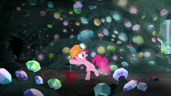 Size: 1280x720 | Tagged: safe, screencap, pinkie pie, earth pony, pony, rock solid friendship, cave, dynamite plunger, gem, gem cave, hard hat, helmet, mining helmet, solo, this will end in explosions