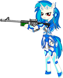 Size: 1428x1770 | Tagged: safe, alternate version, artist:avchonline, dj pon-3, vinyl scratch, anthro, unguligrade anthro, unicorn, armor, bipedal, cutie mark, female, grin, gun, headset, hoof hold, hooves, horn, looking at you, mare, optical sight, rifle, scope, simple background, smiling, sniper rifle, solo, starcraft 2, teeth, transparent background, weapon