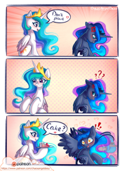 Size: 1000x1372 | Tagged: safe, artist:chaosangeldesu, princess celestia, princess luna, alicorn, pony, angry, cake, cakelestia, cross-popping veins, cute, cutelestia, dialogue, drool, exclamation point, food, lunabetes, patreon, patreon logo, royal sisters, speech bubble, spread wings, starry eyes, tongue out, wingding eyes, wings