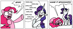 Size: 933x372 | Tagged: safe, artist:gingerfoxy, pinkie pie, rarity, earth pony, pony, unicorn, pony comic generator, abuse, annoying, begging, comic, darling, derp, duo, flanderization, how the turntables, make it stop, pinkiebuse, rariderp, rarisnap, simple background, white background