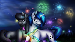 Size: 3840x2160 | Tagged: safe, artist:lupiarts, dj pon-3, octavia melody, vinyl scratch, earth pony, pony, female, fireworks, flirting, lesbian, neon, new year, night, scratchtavia, shipping