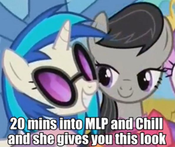 Size: 594x498 | Tagged: safe, edit, edited screencap, screencap, dj pon-3, octavia melody, vinyl scratch, earth pony, pony, unicorn, the cutie re-mark, bedroom eyes, caption, image macro, innuendo, meme, netflix and chill