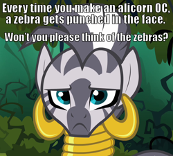 Size: 800x720 | Tagged: safe, zecora, zebra, :c, alicorn oc, caption, everfree forest, female, frown, image macro, lidded eyes, looking at you, mare, meta, public service announcement, punch, sad, text