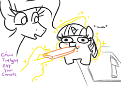Size: 808x573 | Tagged: safe, artist:jargon scott, princess celestia, twilight sparkle, unicorn twilight, alicorn, pony, unicorn, :t, carrot, chibi, dialogue, eating, female, food, glowing horn, hand, holding a pony, horn, knife, levitation, lineart, magic, magic hands, mare, meme, messy eating, nom, partial color, ponified animal photo, ponified meme, puffer fish eating carrot, simple background, smiling, telekinesis, text, this will end in tears, twiggie, white background