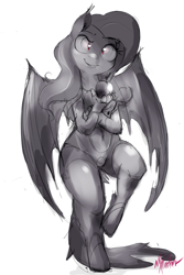 Size: 1200x1800 | Tagged: safe, artist:mtcerber, fluttershy, anthro, bat pony, unguligrade anthro, apple, flutterbat, food, monochrome, race swap, solo