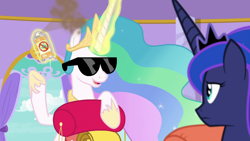 Size: 1280x720 | Tagged: safe, screencap, princess celestia, princess luna, alicorn, pony, between dark and dawn, sunglasses