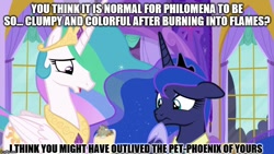 Size: 888x500 | Tagged: safe, edit, edited screencap, screencap, princess celestia, princess luna, alicorn, pony, between dark and dawn, caption, image macro, implied death, implied philomena, text