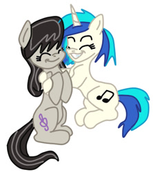 Size: 352x397 | Tagged: artist needed, safe, dj pon-3, octavia melody, vinyl scratch, earth pony, pony, backwards cutie mark, eyes closed, female, hug, lesbian, scratchtavia, shipping