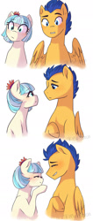 Size: 814x1920 | Tagged: safe, artist:triplestitch, coco pommel, flash sentry, earth pony, pony, cocosentry, eye contact, female, looking at each other, male, mare, shipping, stallion, straight