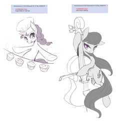 Size: 1495x1466 | Tagged: safe, artist:mlpanon, octavia melody, sugar belle, earth pony, pony, cello, chef's hat, cupcake, food, hat, musical instrument, simple background, white background