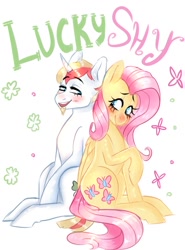 Size: 769x1040 | Tagged: safe, artist:spazzyhippie, fluttershy, oc, oc:lucky charm, pegasus, pony, unicorn, back to back, blushing, canon x oc, clovers, couple, cute, female, flucky, looking at each other, male, romantic, shipping, straight
