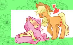 Size: 1920x1200 | Tagged: safe, artist:milky-rabbit, applejack, fluttershy, earth pony, pegasus, pony, appleshy, duo, female, folded wings, heart, lesbian, long mane, looking at each other, lying, mare, shipping