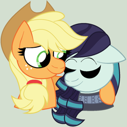 Size: 1036x1036 | Tagged: safe, artist:chalatso, applejack, coloratura, earth pony, pony, arm around neck, cuddling, eyes closed, female, lesbian, mare, rara, rarajack, shipping