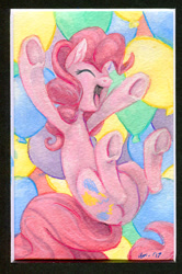 Size: 450x678 | Tagged: safe, artist:sparkynekomi, pinkie pie, earth pony, pony, balloon, eyes closed, female, mare, ponk, solo, traditional art, underhoof, watercolor painting