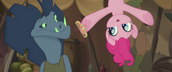 Size: 1920x804 | Tagged: safe, screencap, louise, pinkie pie, anthro, earth pony, frilled lizard, lizard, pony, my little pony: the movie, anthro with ponies, comb, duo, female, hair, klugetowner, lizard vendor, magnetic hooves, mare