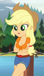 Size: 400x690 | Tagged: safe, edit, edited screencap, editor:ah96, screencap, applejack, equestria girls, legend of everfree, applerack, belly button, breast edit, breasts, cleavage, clothes, cropped, daisy dukes, female, front knot midriff, midriff, shorts, solo