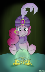 Size: 1000x1600 | Tagged: safe, artist:afterman, pinkie pie, earth pony, pony, charm, clothes, crystal ball, feather, glow, madame pinkie, scarf, smiling, smirk, solo