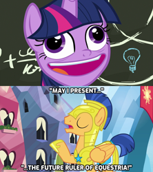 Size: 1280x1440 | Tagged: safe, edit, edited screencap, screencap, flash sentry, twilight sparkle, twilight sparkle (alicorn), alicorn, pegasus, pony, best gift ever, twilight's kingdom, armor, caption, deadpan snarker, faic, female, hoof shoes, majestic as fuck, male, mare, pudding face, royal guard, stallion, the future ruler of equestria, twilight snapple, twilighting, twilynanas