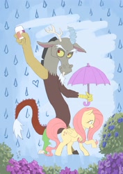 Size: 2480x3508 | Tagged: safe, artist:yanamosuda, discord, fluttershy, pegasus, pony, eraser, flower, rain, umbrella