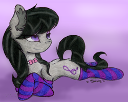 Size: 1024x821 | Tagged: safe, artist:rainbowshine94, octavia melody, earth pony, pony, clothes, prone, socks, solo, striped socks