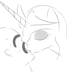 Size: 1853x2000 | Tagged: safe, artist:yukkuripalehorse, princess celestia, oc, oc:anon, alicorn, human, kissing, monochrome