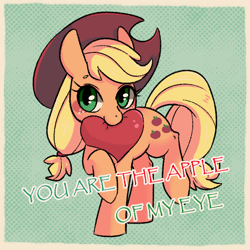 Size: 800x800 | Tagged: safe, artist:phyllismi, applejack, earth pony, pony, blushing, cute, heart, jackabetes, mouth hold, smiling, solo, valentine's day card