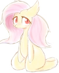 Size: 957x1183 | Tagged: safe, artist:91o42, fluttershy, bat pony, semi-anthro, blushing, ear fluff, female, flutterbat, kneeling, looking at you, mare, race swap, red eyes, simple background, sitting, slit eyes, solo, white background, wingless