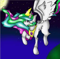 Size: 2264x2248 | Tagged: safe, artist:shamshl, princess celestia, alicorn, pony, female, flying, looking up, mare, moon, night, solo, stars