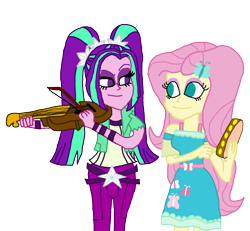 Size: 2000x1847 | Tagged: safe, artist:bigpurplemuppet99, aria blaze, fluttershy, better together, equestria girls, rainbow rocks, ariashy, female, flutterblaze, lesbian, looking at each other, musical instrument, raised eyebrow, shipping, simple background, tambourine, transparent background, violin