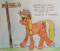 Size: 1024x873 | Tagged: safe, artist:rapidsnap, applejack, earth pony, pony, annoyed, damaged sign, sign, solo, traditional art, walking