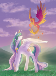 Size: 1086x1450 | Tagged: safe, artist:scarletsfeed, philomena, princess celestia, alicorn, bird, phoenix, pony, cloud, digital art, duo, female, mare, sky, spread wings, wings