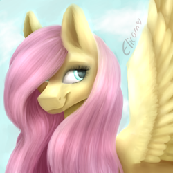 Size: 4000x4000 | Tagged: safe, artist:elicorngamer, fluttershy, pegasus, pony, female, hair over one eye, looking back, mare, smiling, solo