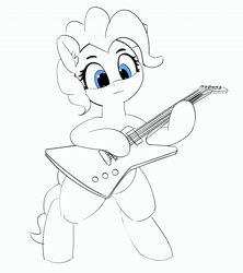 Size: 1280x1443 | Tagged: safe, artist:pabbley, pinkie pie, earth pony, pony, 30 minute art challenge, bipedal, electric guitar, gibson explorer, guitar, monochrome, neo noir, partial color, simple background, solo, white background
