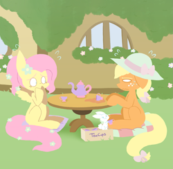 Size: 1801x1759 | Tagged: safe, artist:typhwosion, angel bunny, applejack, fluttershy, earth pony, pegasus, pony, cup, food, hat, mortified, tea, tea party, teacup, teapot