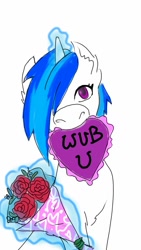 Size: 720x1280 | Tagged: safe, artist:chipperpony, dj pon-3, vinyl scratch, pony, unicorn, flower, glowing horn, magic, mouth hold, simple background, telekinesis, valentine's day, white background, wub