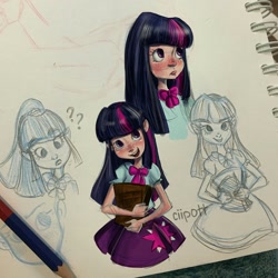 Size: 1280x1280 | Tagged: safe, artist:ciipott, derpibooru import, twilight sparkle, equestria girls, book, freckles, humanized, pencil, pencil drawing, solo, traditional art