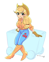 Size: 1600x2039 | Tagged: safe, artist:sirasu_candy, applejack, human, applerack, big breasts, breasts, clothes, cute, female, gloves, humanized, jackabetes, looking at you, smiling, solo